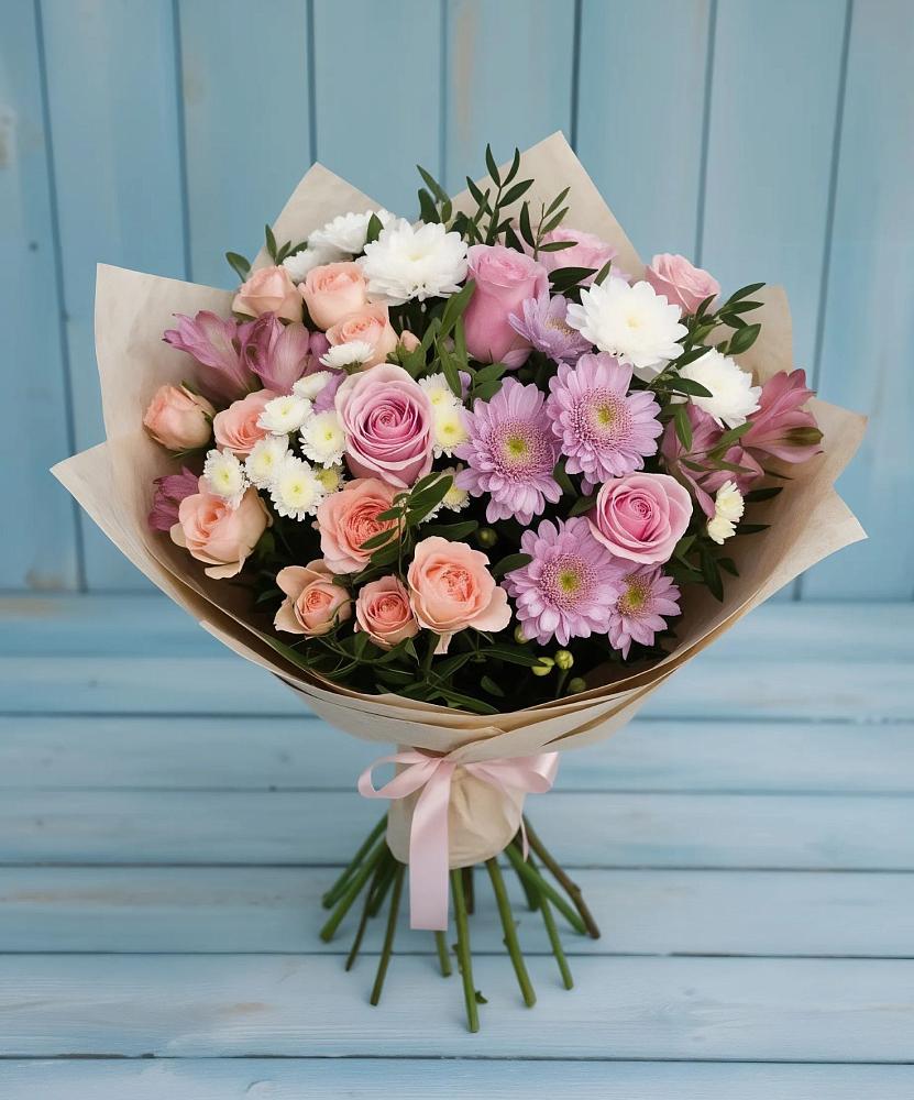 Букет цветов из: Хризантемы, Розы и Альстромерии в Юце