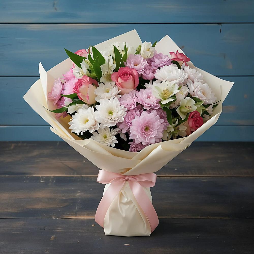 Букет цветов из: Хризантемы, Альстромерии и Розы в Юце